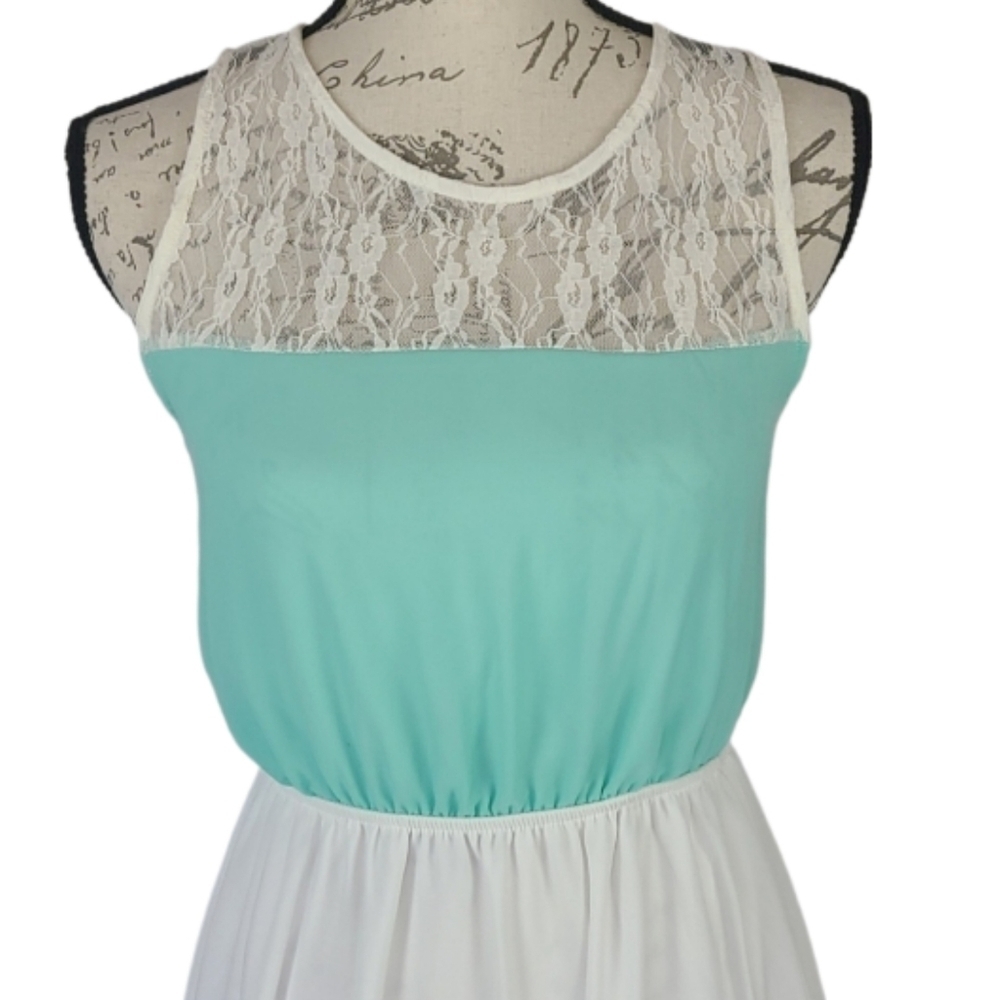 Y2K Vintage Maxi Dress Lace Bust White Turquoise Blue Color Block Dress - Picture 2 of 8